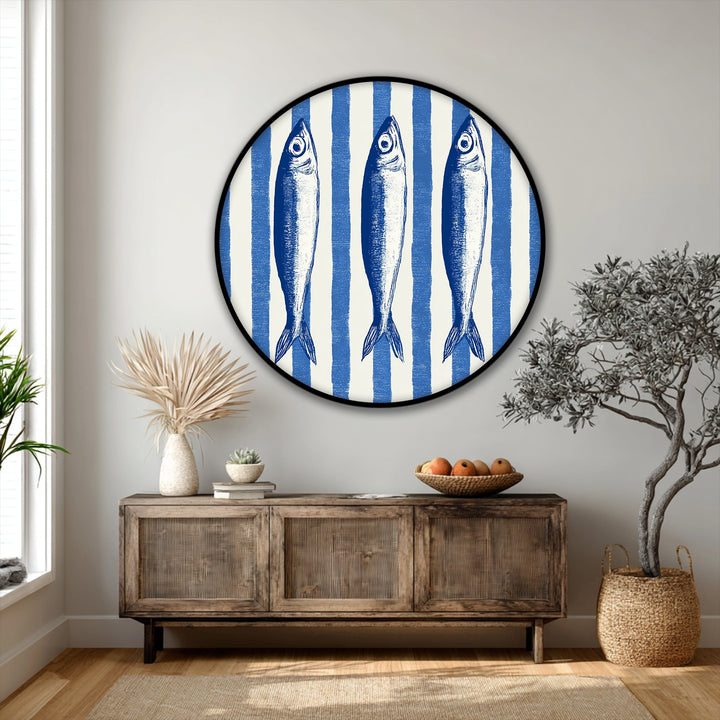 The stillness of the nautical striped background emphasizes the three blue coastal fish in this framed canvas print, a serene illustration of underwater life.