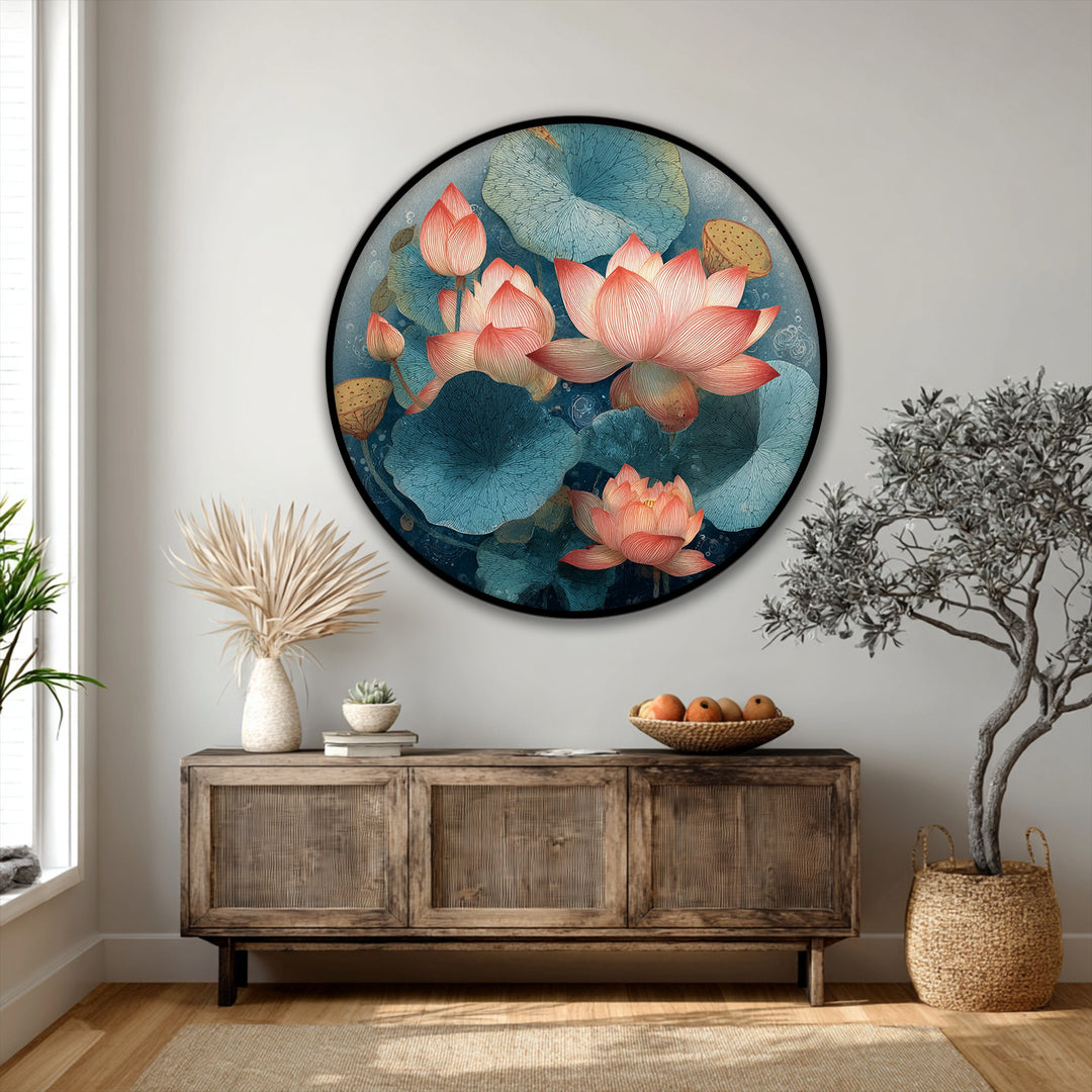 The realistic detail of the serene lotus bloom round canvas print highlights the best canvas prints with its intricate lily pad and floral design.