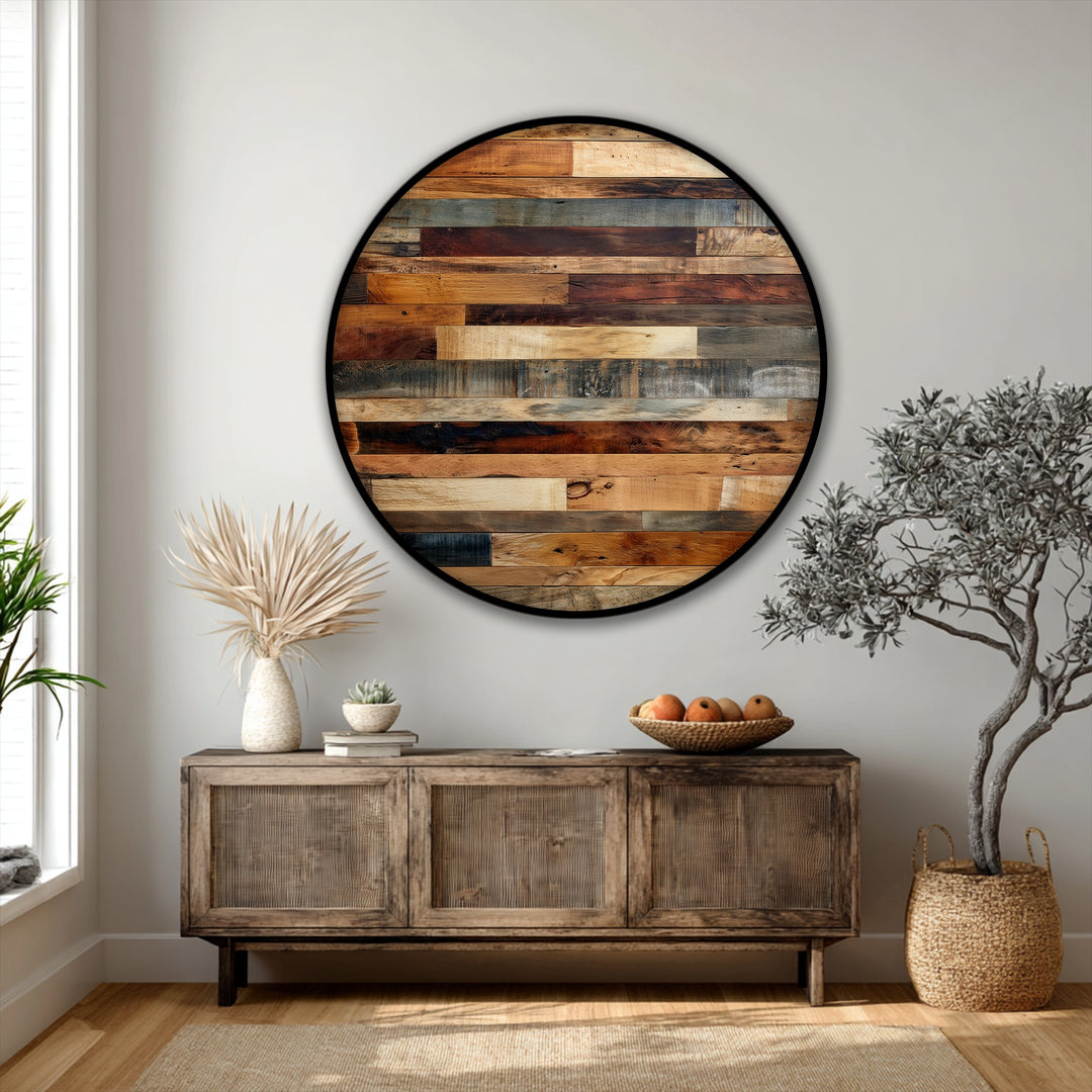 Darkest planks highlight the character in this round rustic wood panel texture canvas print, a piece of high quality canvas prints wall art for natural wooden decor.