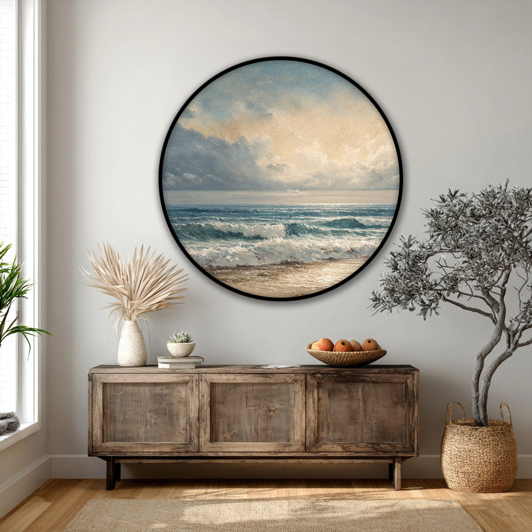 Transitional hues blend in this seascape premium canvas decor featuring coastal waves and sandy shore wall art, where azure waters meet the golden sand.
