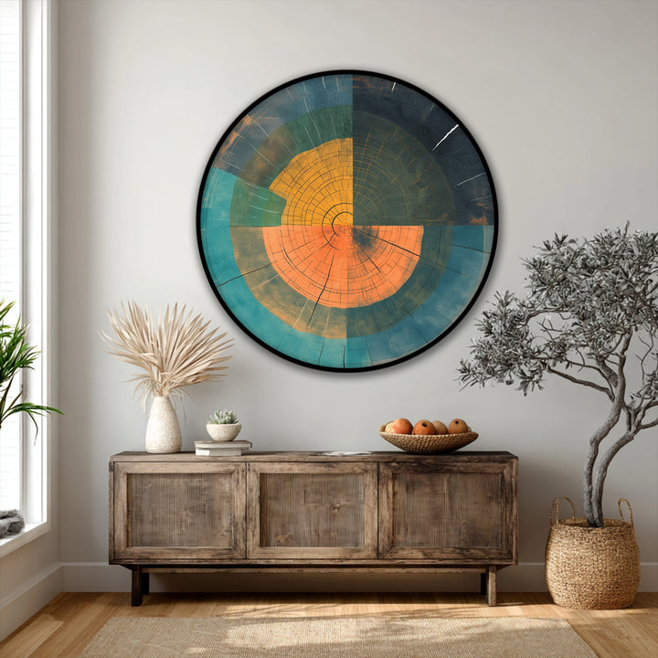 Up-close, the rustic textures and vibrant colors of the abstract wood ring geometry round framed canvas lend a modern touch to the foreground detail of decoration wall art.
