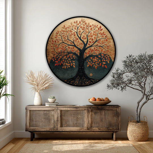 Striking color contrast defines the Autumn Tree of Life hanging canvas, with its vibrant, rustic leaves against a dark, textured backdrop.