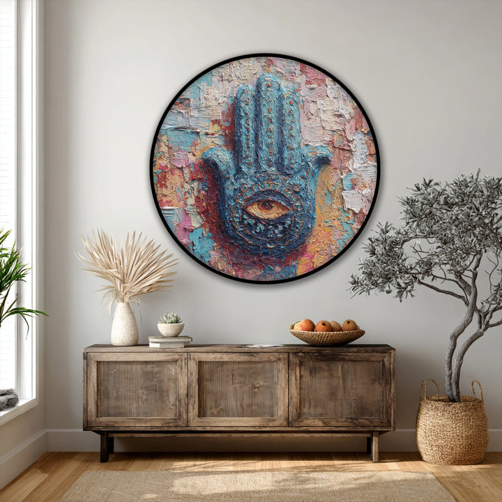 Brightest textures define this eye-catching mystic hand of protection canvas pictures, a round canvas print with a colorful spiritual eye, adding artful flair.