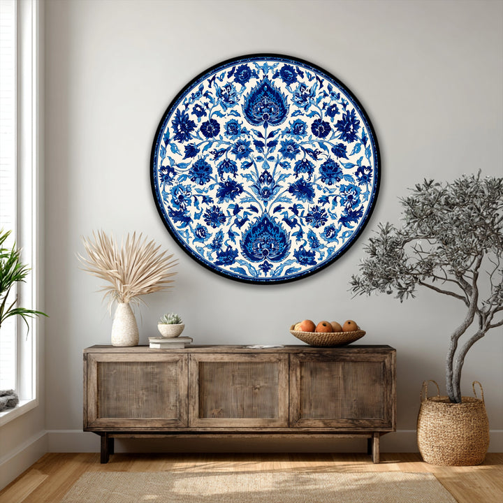 Featuring the clean edge and borders, this blue floral mandala round canvas pictures showcases a classic decorative wall art.