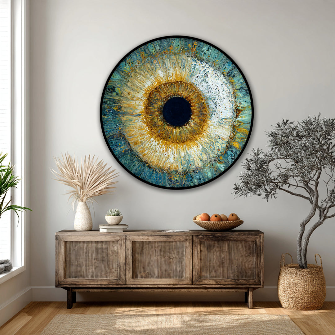 Dramatic color contrast highlights the abstract round canvas painting of a radiant eye, with golden hues swirling against deep blues in this striking fluid art wall decor.