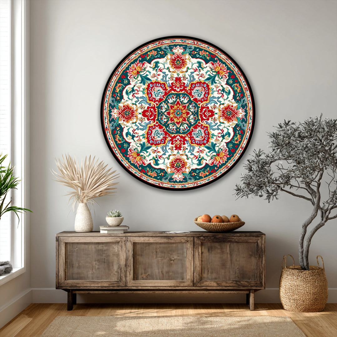 The focal point reveals a round canvas print featuring ornate floral medallions and a vintage pattern, a beautiful example of canvas art for stylish wall decor.