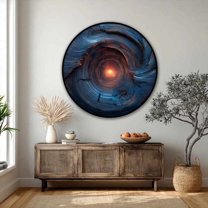 The layering effect creates depth in this radiant core abstract round canvas painting, where concentric textures emanate energy in a modern canvas print.