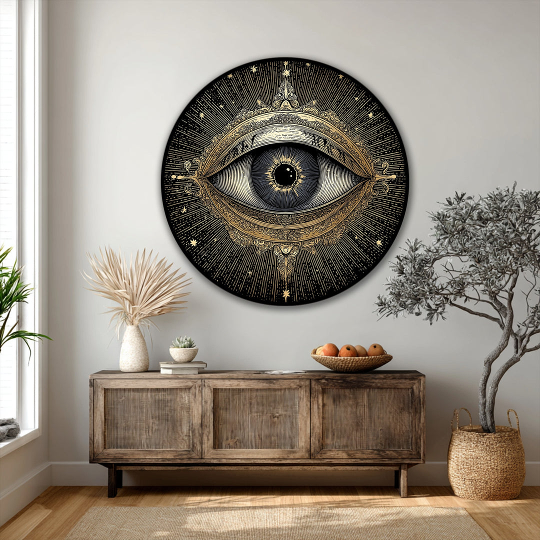 Featuring concentric circles and radial lines, the golden mystic eye round framed canvas art print creates a striking geometric celestial design.