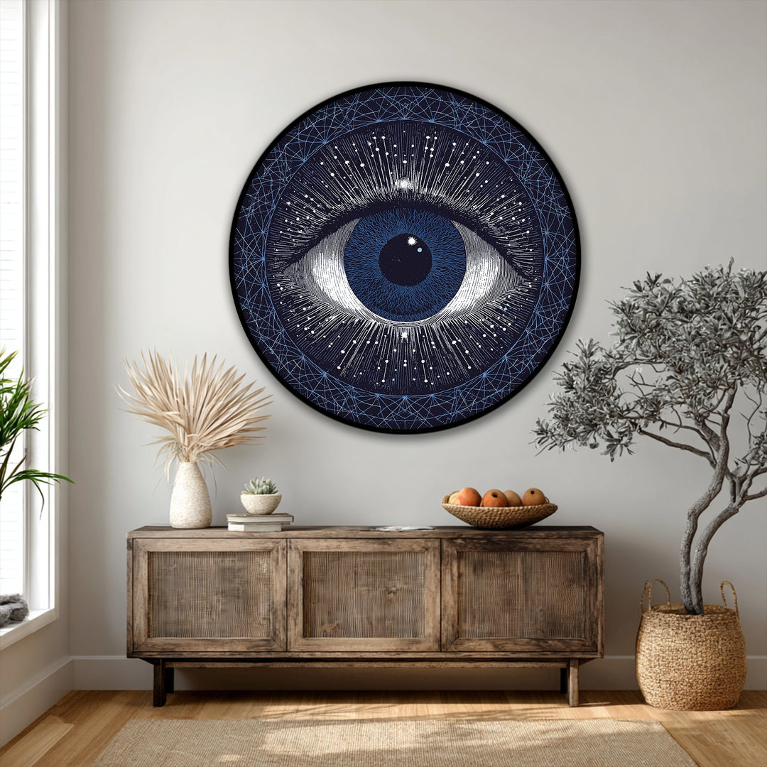 Softly illuminated, the celestial cosmic eye vision canvas pictures in this round abstract wall art radiates a tranquil, galaxy-inspired aesthetic.