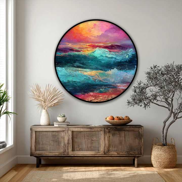 Framed with a sleek black border, this round vivid sunset waves canvas print showcases high quality canvas prints to enhance colorful ocean wall art.