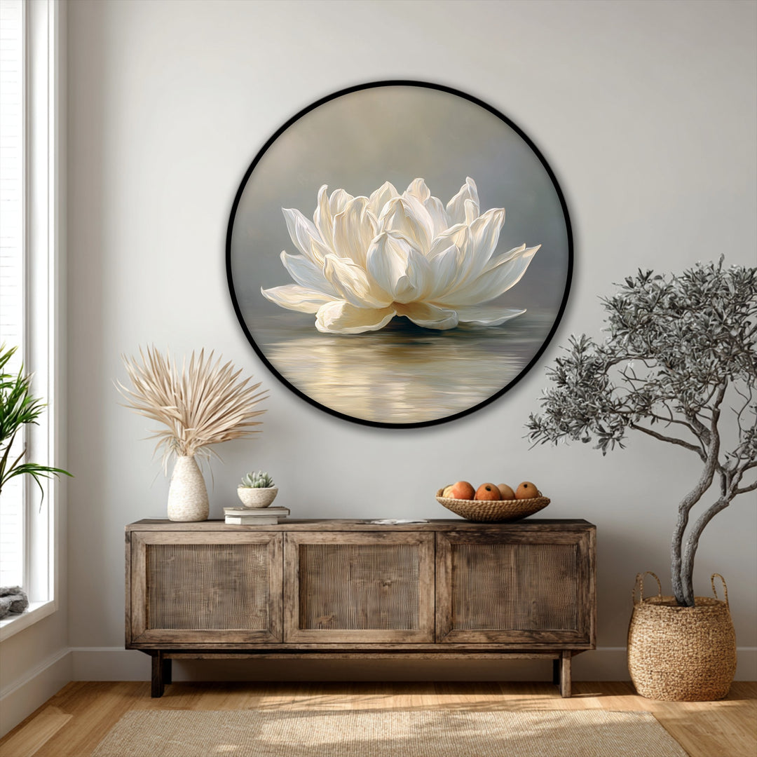 Delicate surface texture highlights the high quality canvas prints, featuring a serene white lotus round canvas print with minimal floral artistry.
