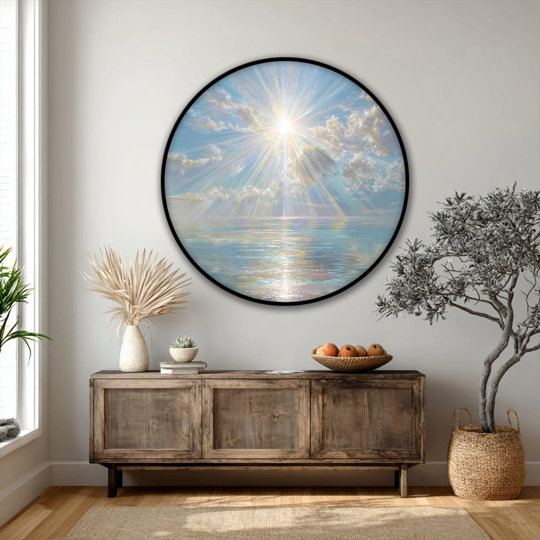 Subtle negative space around this round canvas print highlights the radiant sun rays over a calm sea, enriching the canvas wall decor with visual depth.