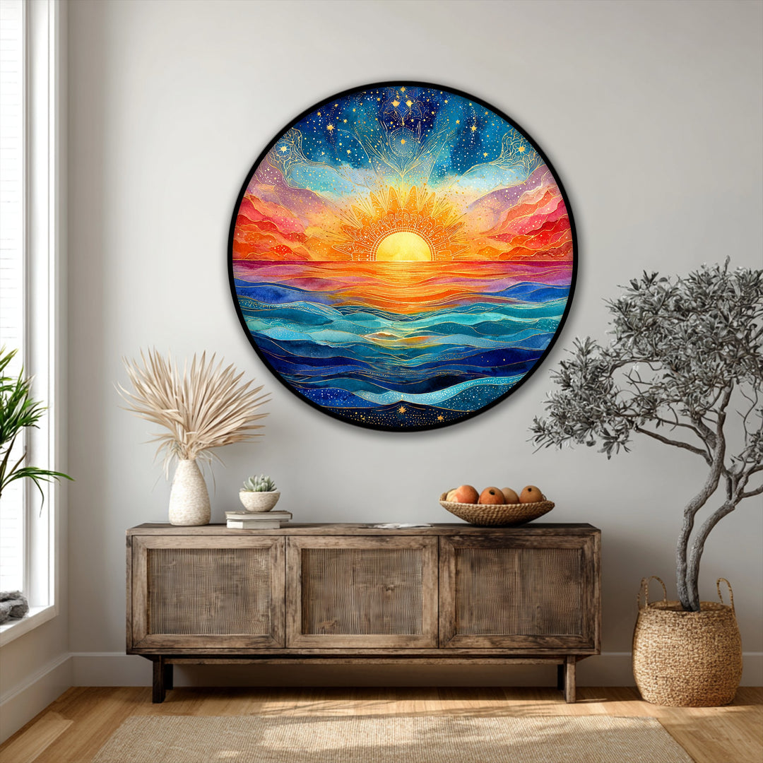 Inspired by organic forms, a vibrant sunrise seascape round canvas painting depicts the ocean's swell and sunburst in spiritual canvas painting wall art.