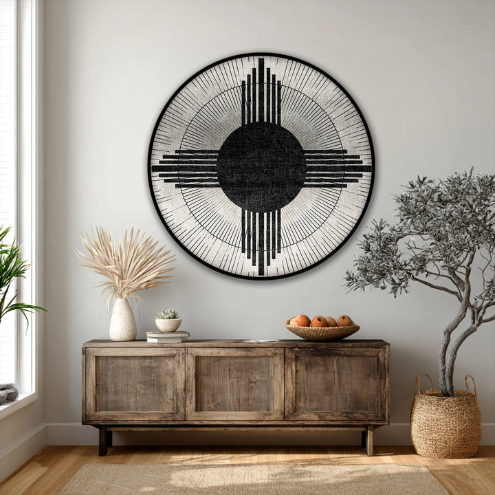 Highlighting the abstract quality, this geometric sunburst circle canvas artwork features a minimalist design, adding a striking focal point as modern canvas artwork.