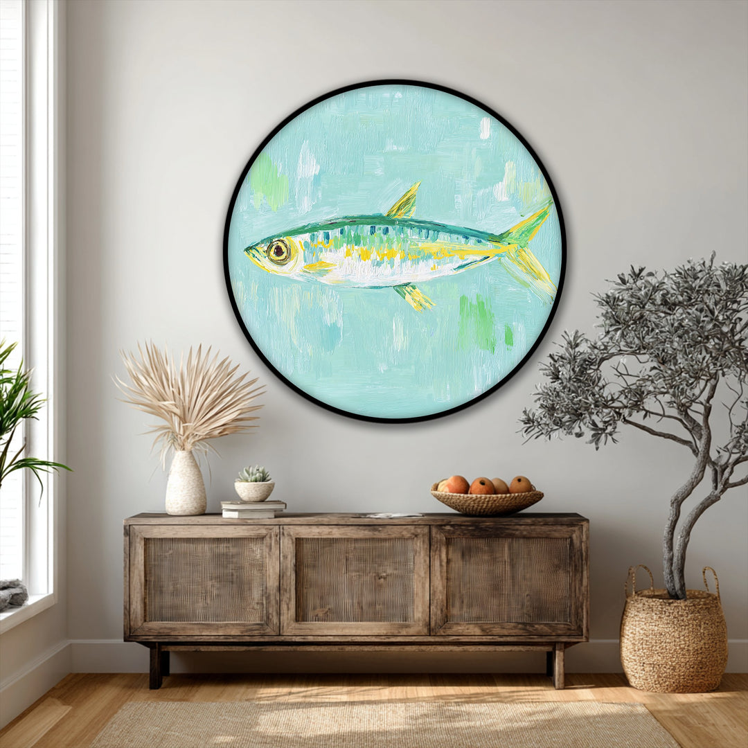 Dominant in cool aquamarine, this round canvas art prints showcases a pastel fish painting, a piece of coastal minimal wall art adding serenity to any space.