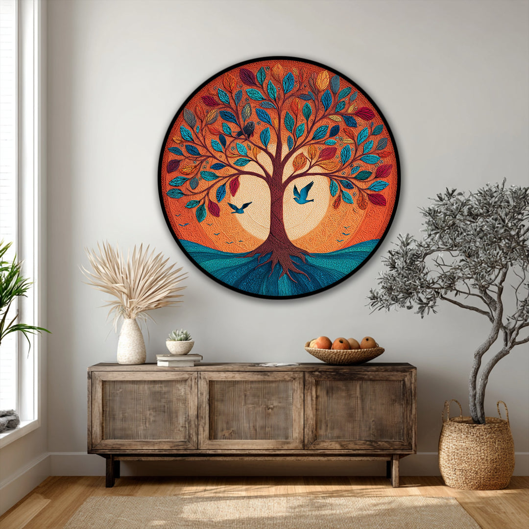 Warm color temperature radiates from this vibrant tree of life round canvas painting, featuring a striking contrast with cooler blues in this symbolic nature art.