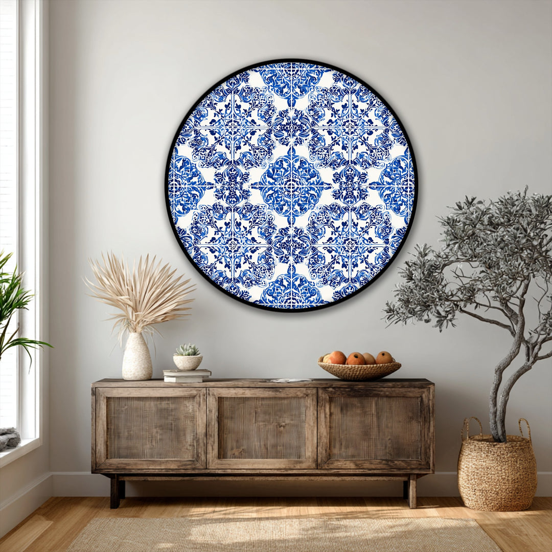 Strong color contrast defines this unique canvas print, where a striking blue ornamental tile pattern stands out as classic ceramic style wall art.