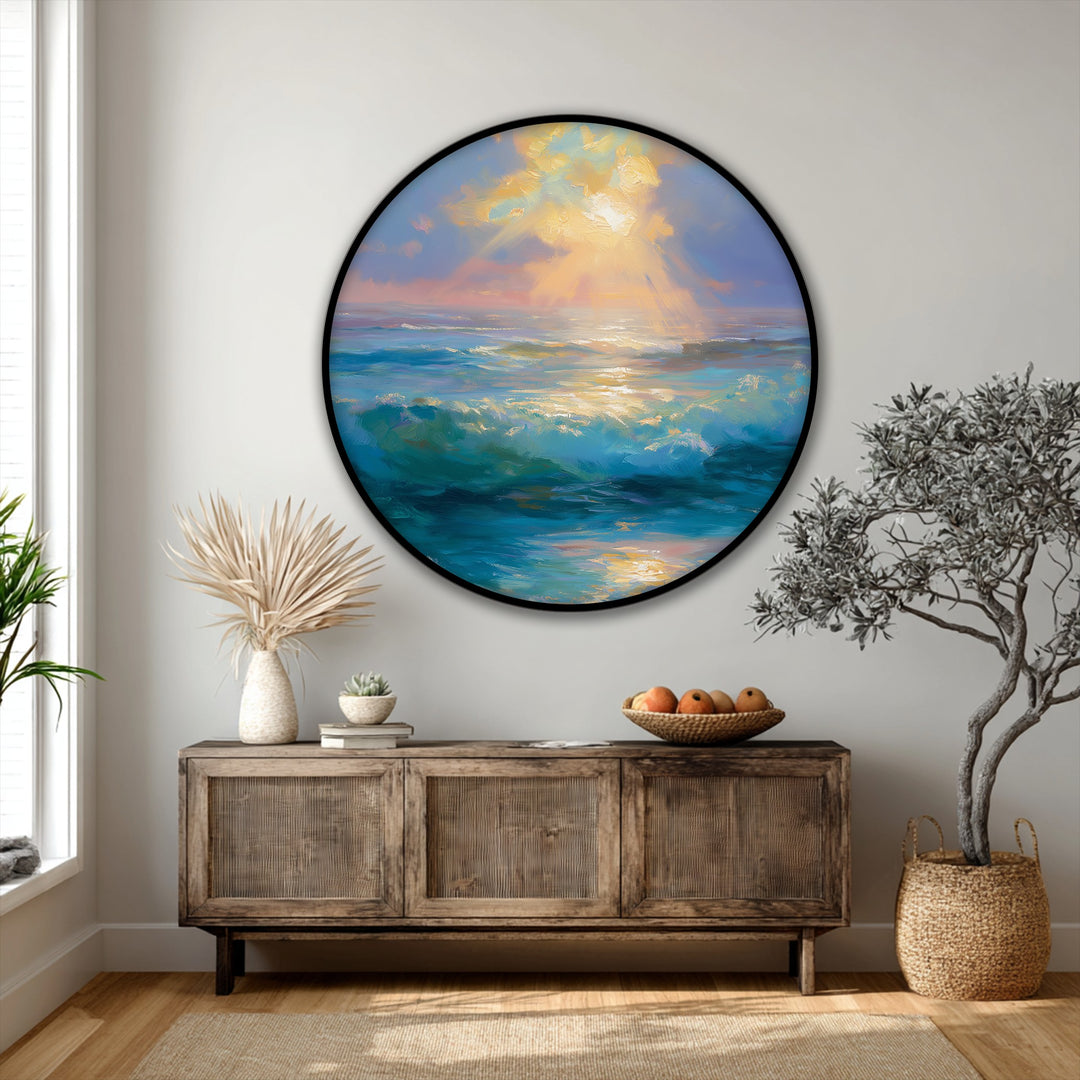 Circular golden light over turquoise waves canvas wall art creates a geometric focal point above a rectangular wooden cabinet.