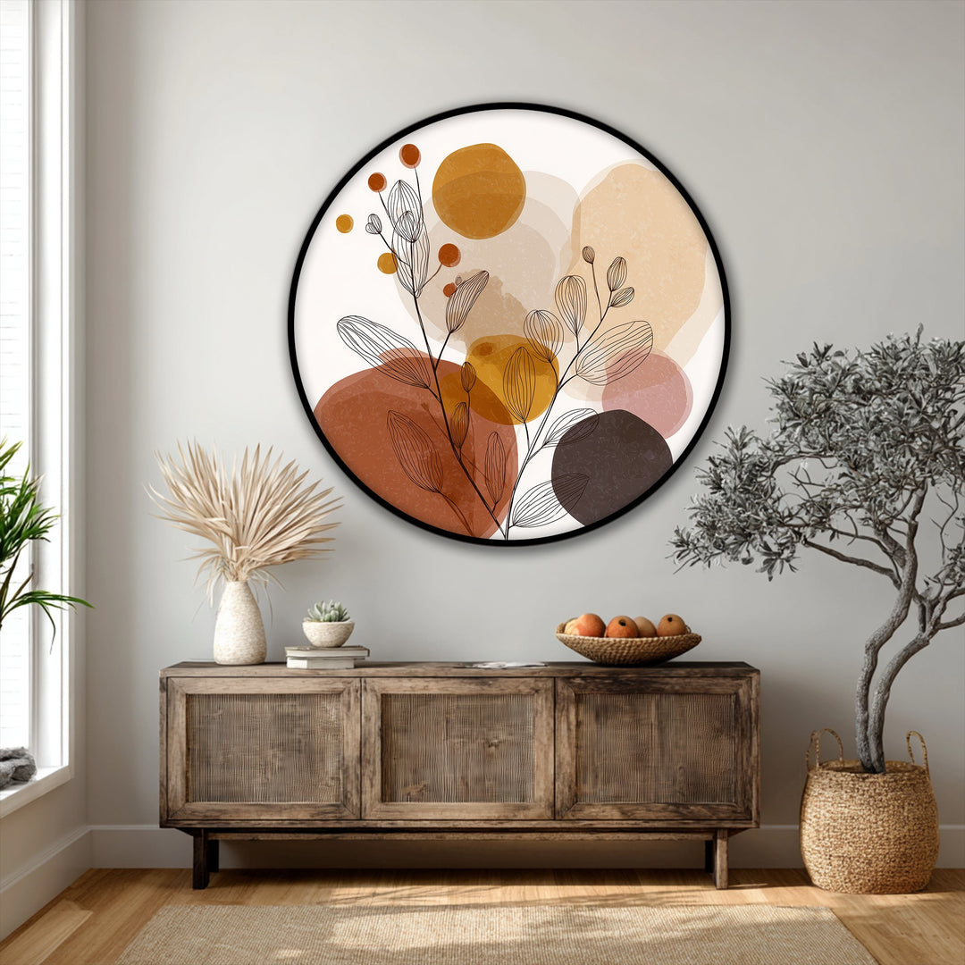 Smoothly blended earthy hues define the transition between colors in this modern, minimal round canvas painting of botanical shapes.