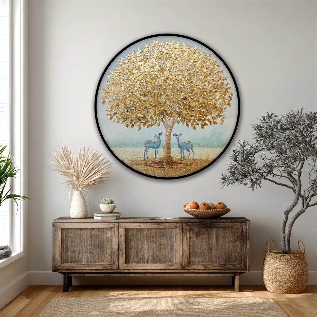 Organic golden leaves cascade from an elegant tree sheltering deer, showcasing a nature-inspired framed canvas print.