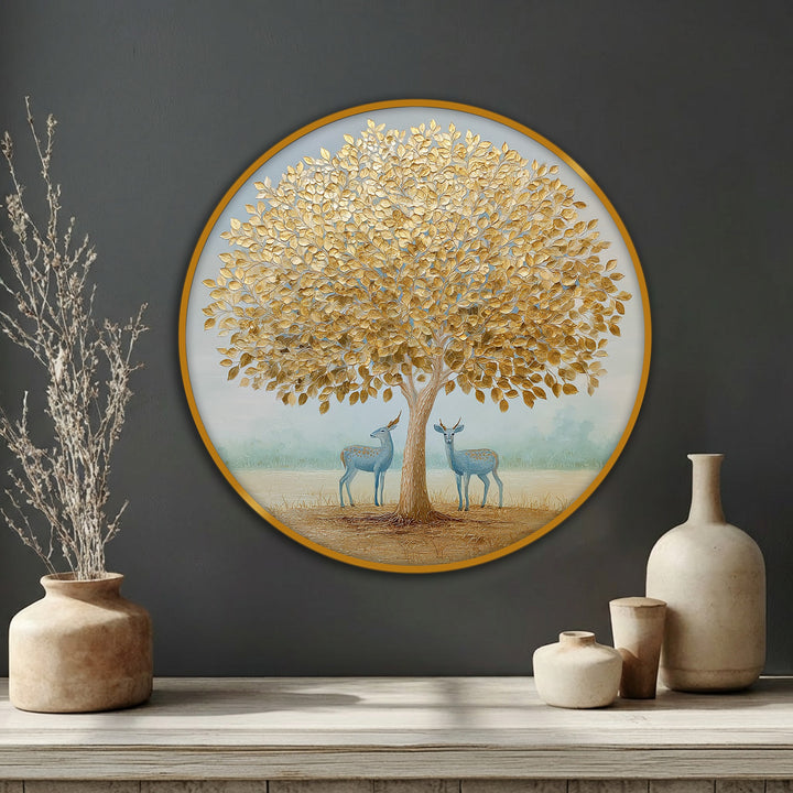 Subtle light and shadow play across the golden tree with deer in this elegant nature wildlife round canvas wall art, highlighting textures of the canvas wall art.