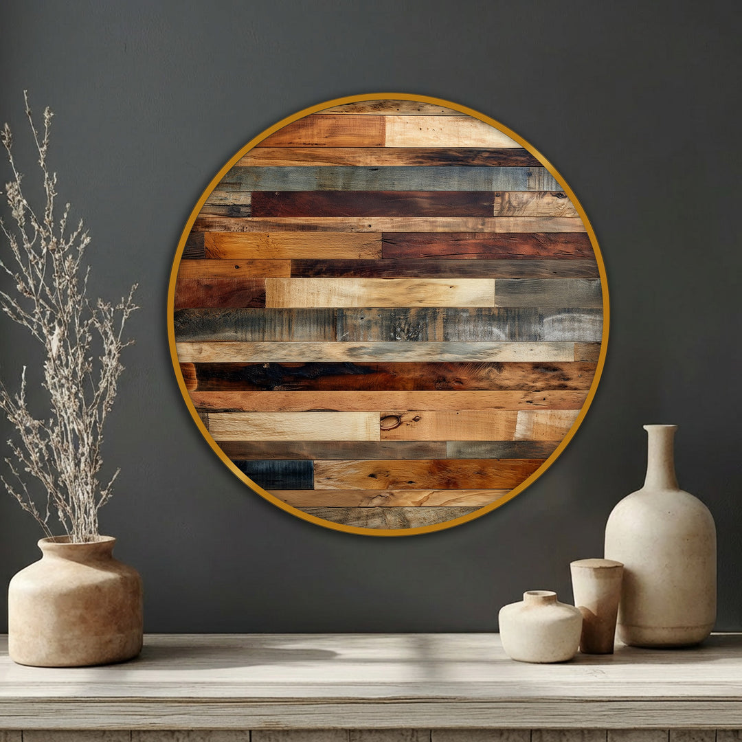 Gentle curves of the vase holding dried branches complement the rustic wood panel texture round canvas print, offering a framed canvas art piece with natural wooden hues.