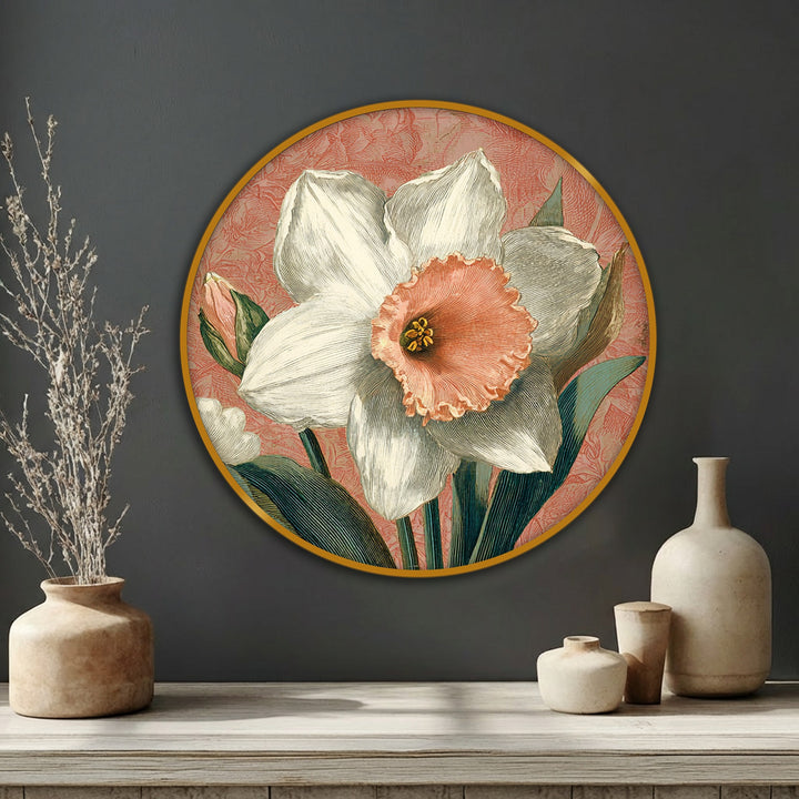 The vintage daffodil bloom, captured in this round framed canvas art, displays botanical floral details for a classic, elegant wall art piece.
