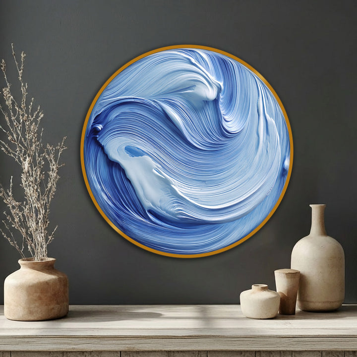 Dominant azure and white blend in this swirling ocean flow abstract design, a captivating big canvas prints piece that emulates modern wave wall art.