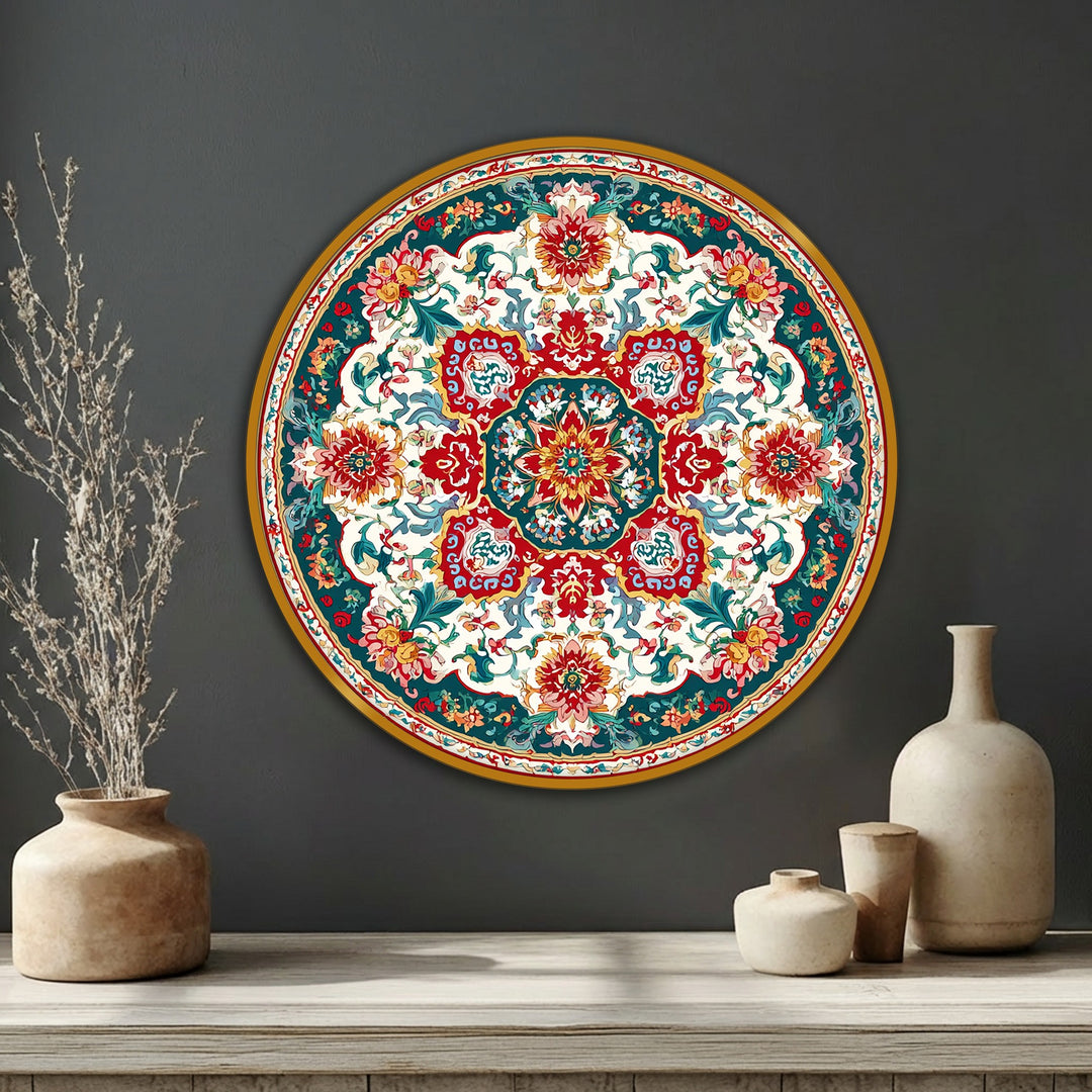 Framing the ornate floral medallion round canvas print, the pronounced gold edge creates a defined border, perfect for a vibrant hanging canvas.