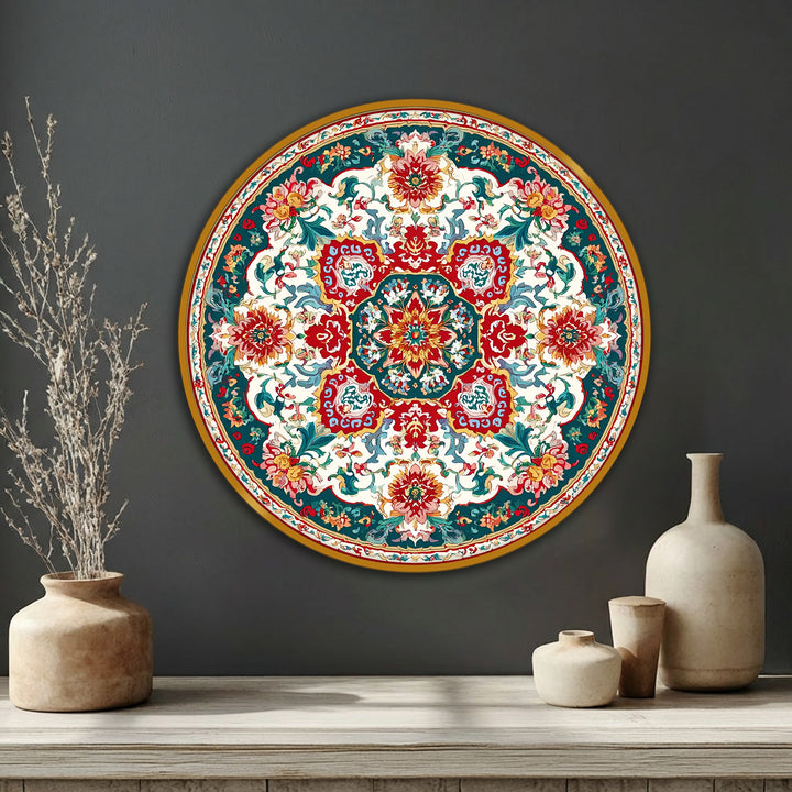 Framing the ornate floral medallion round canvas print, the pronounced gold edge creates a defined border, perfect for a vibrant hanging canvas.