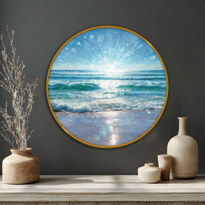 Considering the abstract quality, the best canvas prints capture the luminous, ethereal ocean light burst in a circular seaside wall art, offering a dreamy coastal ambiance.