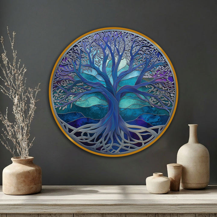 Light and shadow interplay across the mystic blue tree of life round canvas artwork, accentuating the abstract nature design.