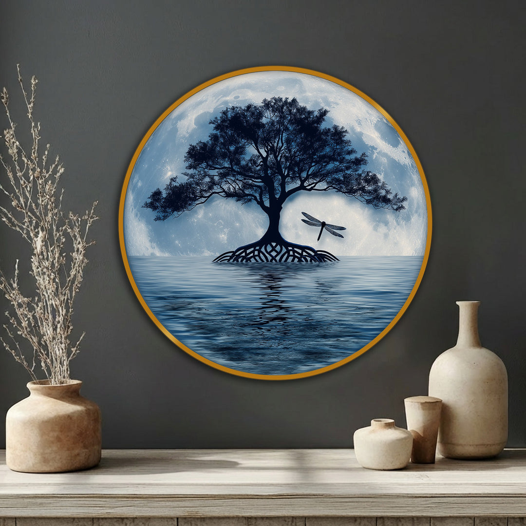 The stillness of the moonlit tree reflection round canvas art showcases a dragonfly amidst tranquil waters, creating serene canvas wall decor.