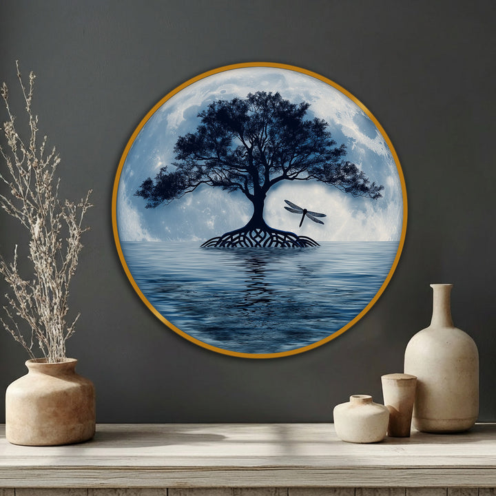 The stillness of the moonlit tree reflection round canvas art showcases a dragonfly amidst tranquil waters, creating serene canvas wall decor.