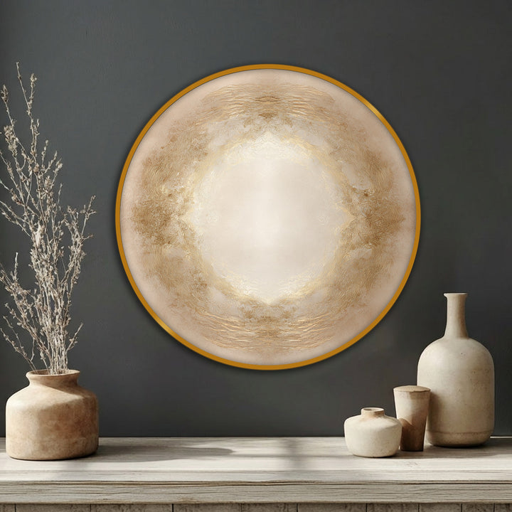 Featuring a golden aura that radiates from the elegant, minimalist round canvas wall decor in this canvas wall decor.