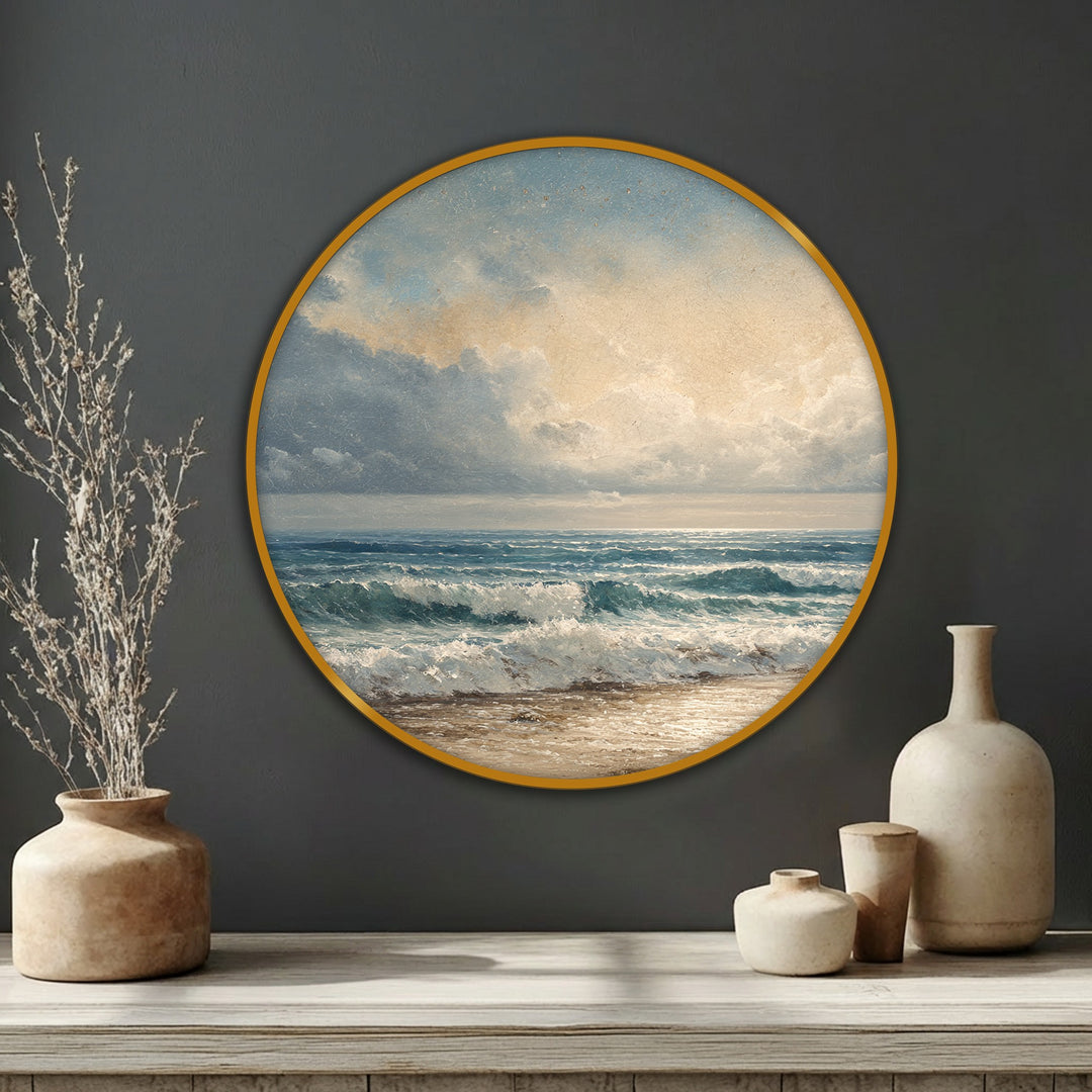 Illuminating the coastal waves and sandy shore, the interplay of light and shadow enhances the textured details of this round canvas art, bringing a serene seascape to life.