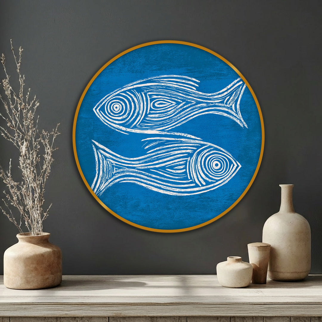 Calm and serene, the minimal blue fish sketch round canvas pictures evoke a sense of coastal tranquility through their simplistic design and harmonious color palette.
