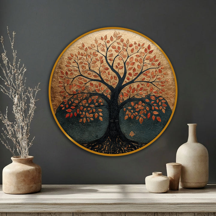 Softly textured leaves in this autumn Tree of Life round canvas print bring a sense of warmth and showcase high quality canvas prints perfect for rustic nature wall art.