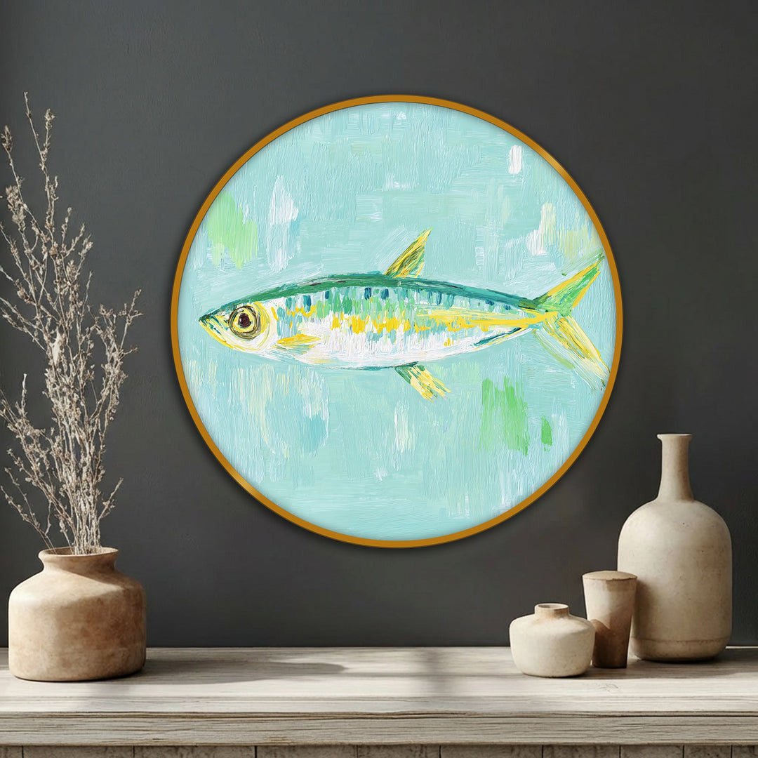 Circular pastel fish painting canvas art prints feature dynamic geometric brushstrokes in an eye-catching coastal minimal wall art piece.