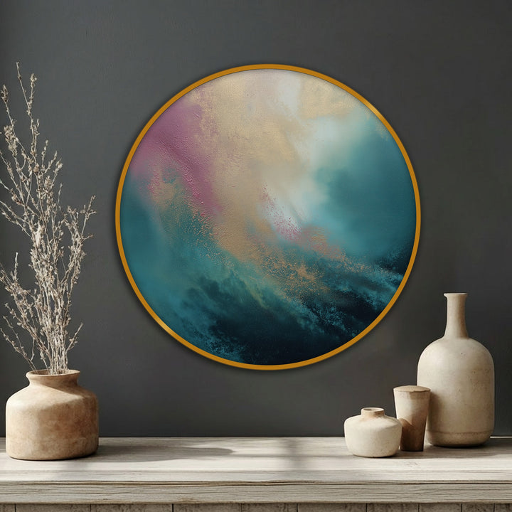 Highlighting the brightest area, this big canvas prints showcases an ethereal dreamscape round canvas print with abstract teal and gold tones.