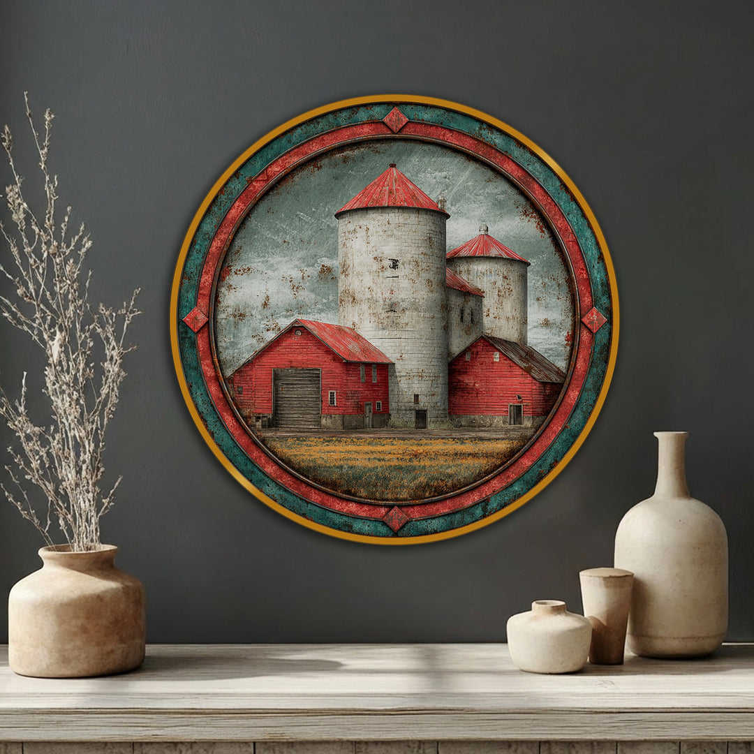 Foreground shows a rustic red barn and silos landscape round canvas print, among the best canvas prints available for vintage farm wall art decor.