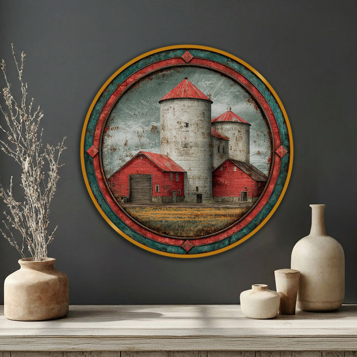 Foreground shows a rustic red barn and silos landscape round canvas print, among the best canvas prints available for vintage farm wall art decor.