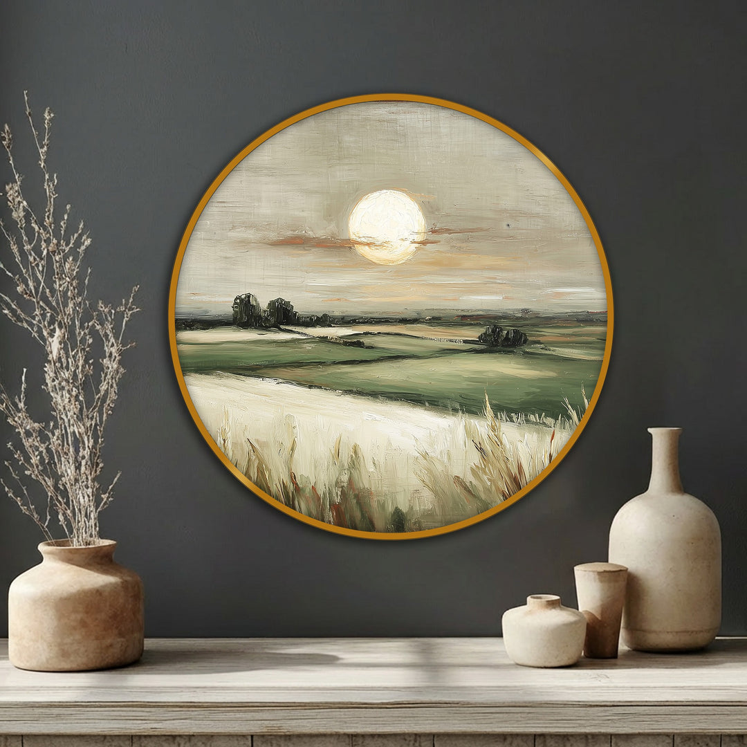 Creating depth and layers, this golden horizon countryside landscape canvas print showcases high quality canvas prints that give the serene field wall art dimension.
