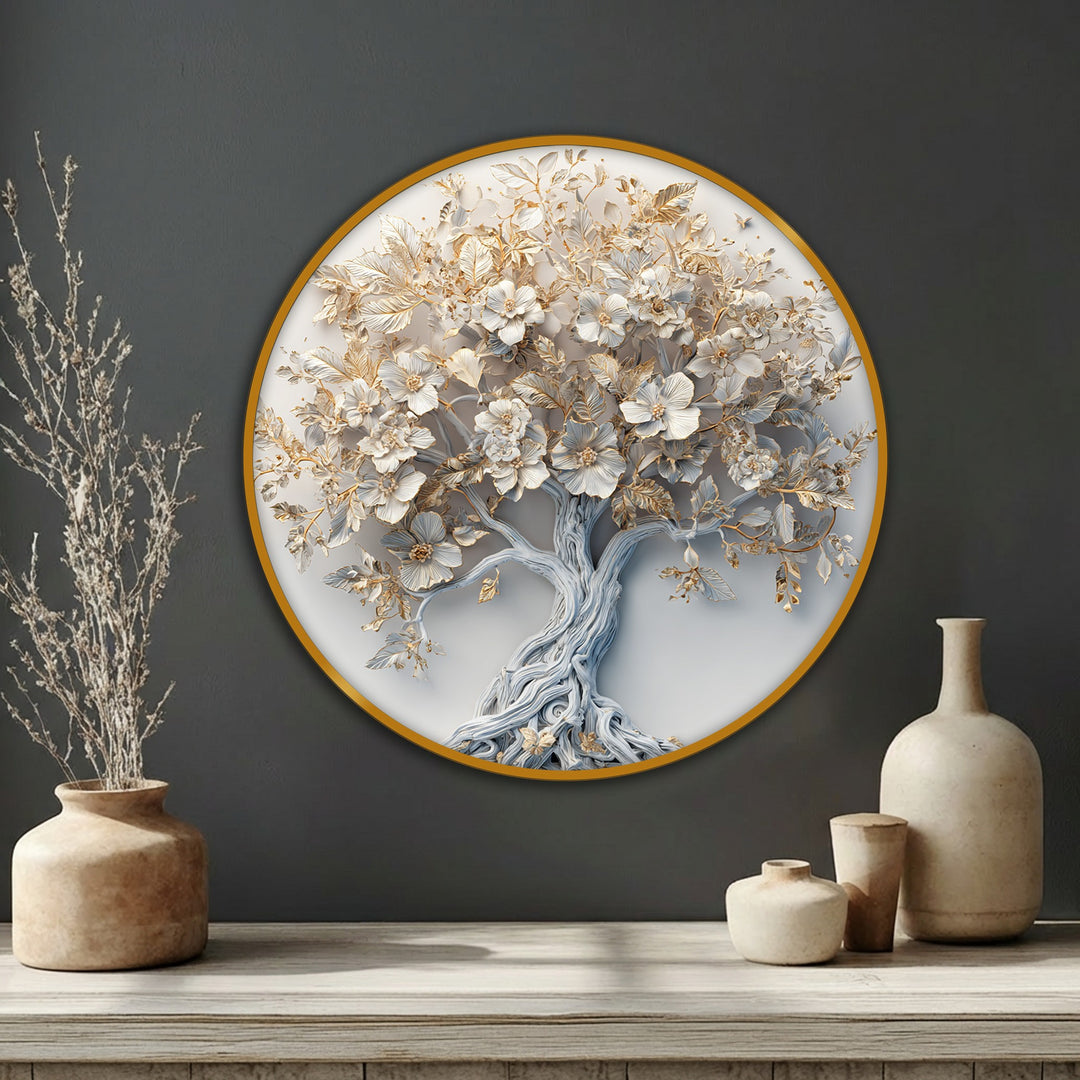 Dominant in white and gold, this golden blossom tree round canvas print offers elegant nature canvas wall decor for a modern home.