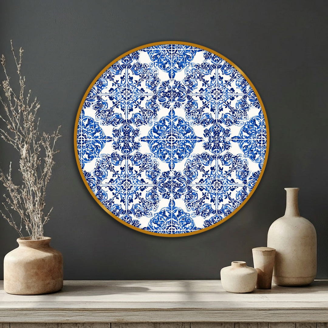 Centered, a round canvas artwork featuring a blue ornamental tile pattern presents a classic ceramic style, enriching home decoration.