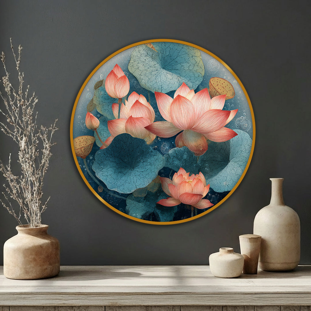 Horizontal round canvas pictures display lotus blooms and lily pads, creating tranquil nature wall art.