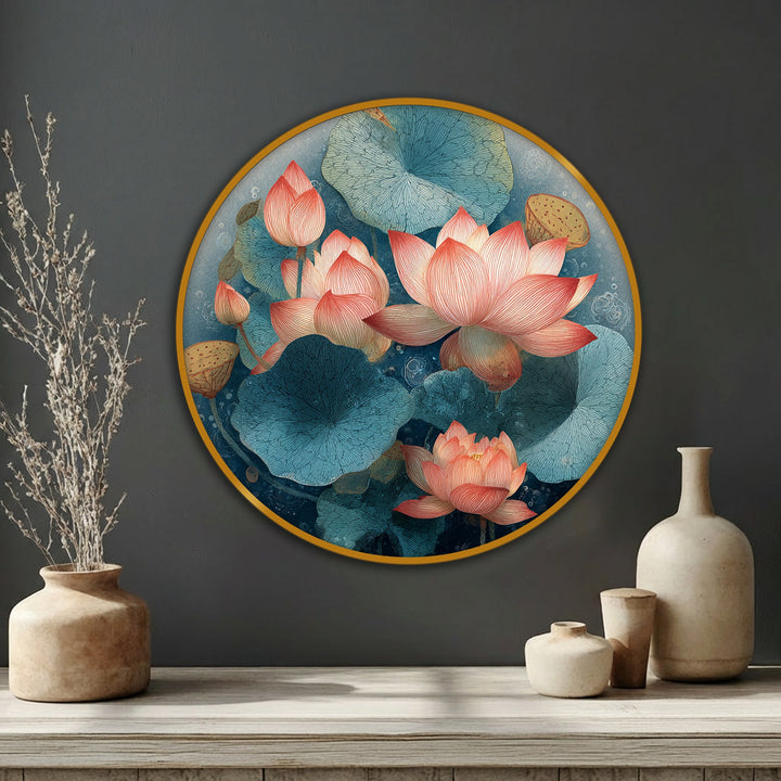 Horizontal round canvas pictures display lotus blooms and lily pads, creating tranquil nature wall art.