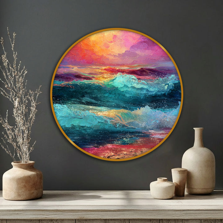 Gentle sunset hues create a soft, dreamy contrast against the energetic waves in this captivating canvas art prints of a round vivid sunset waves canvas print.