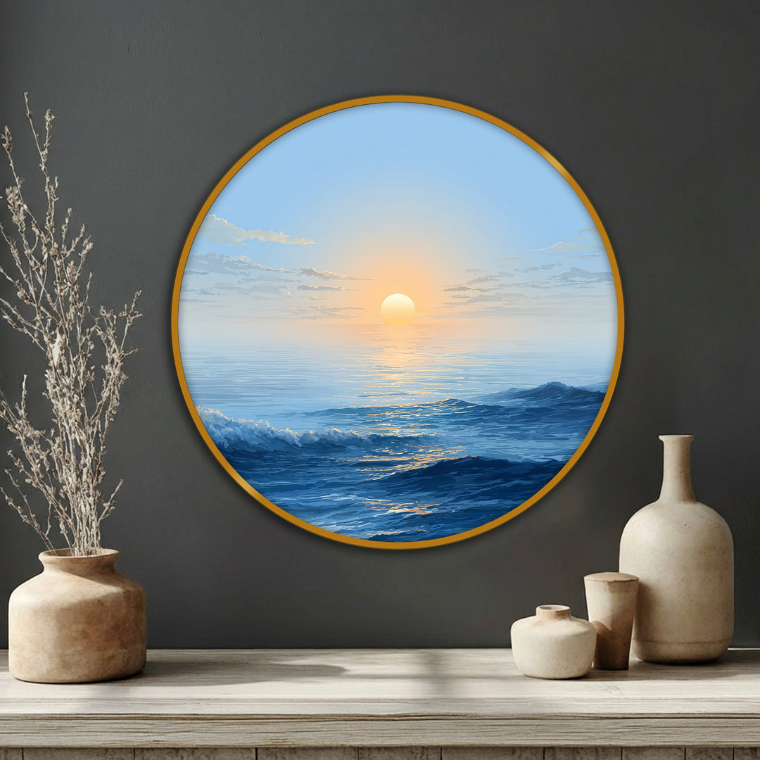 The focal point of this minimalist round canvas print showcases a serene ocean sunrise, illustrating a beautiful canvas painting with calming blue seascape wall art.