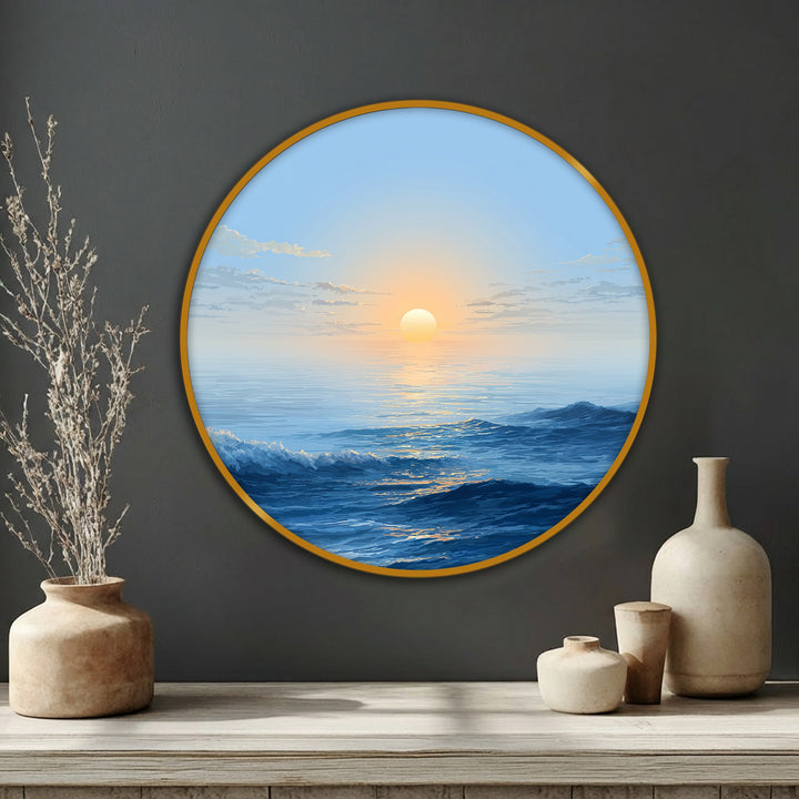 The focal point of this minimalist round canvas print showcases a serene ocean sunrise, illustrating a beautiful canvas painting with calming blue seascape wall art.